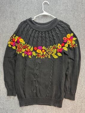 Vintage Separate Issue Black Floral Embroidered Cable Knit Sweater Women M